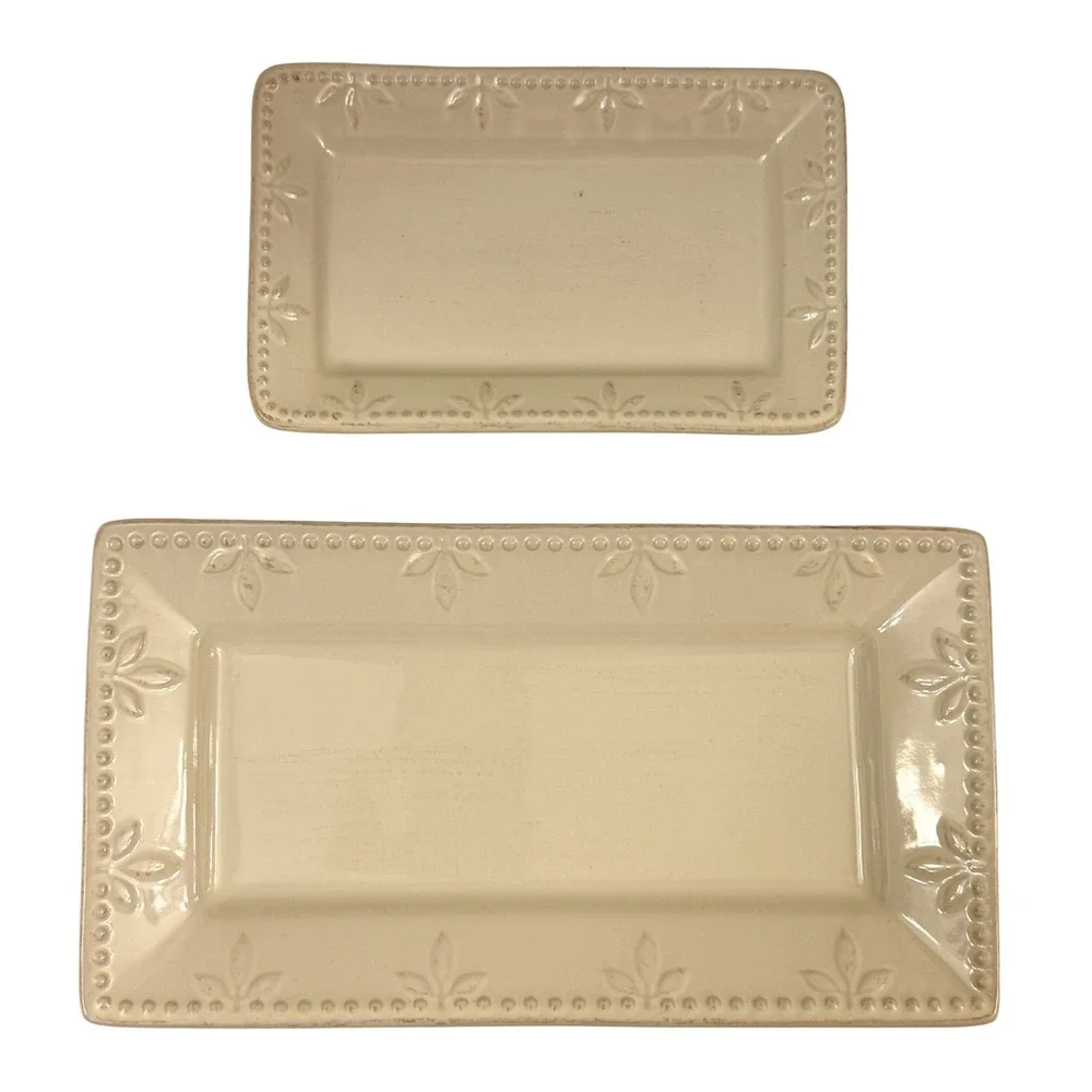 Sorrento Signature Embossed Cream Serving Platters Set 2 11.75" & 8.5" - Picture 1 of 11